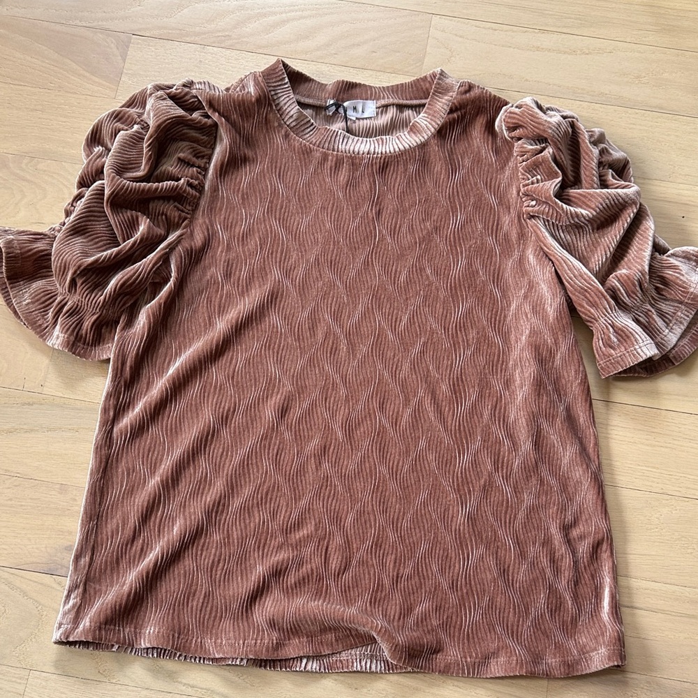 THML Beige Chenille Ruched Sleeve Top
